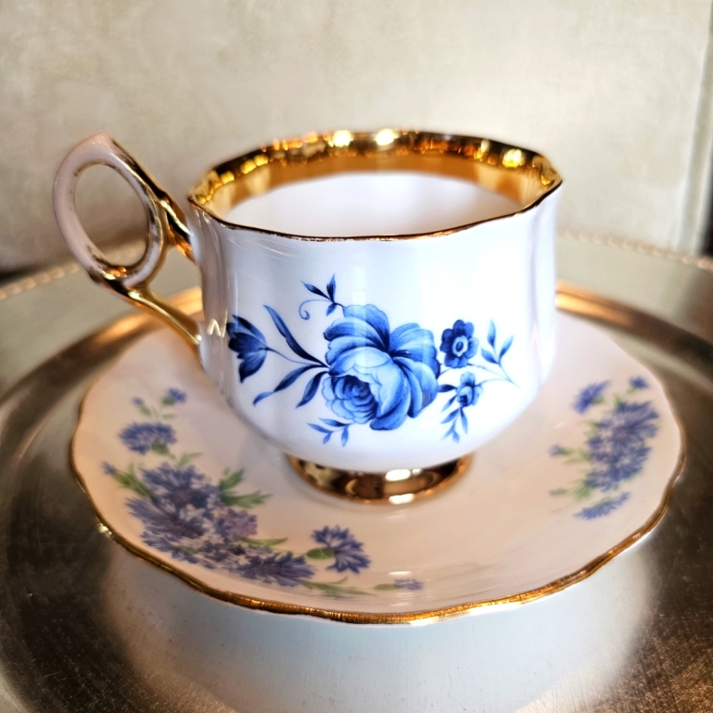 Vintage Rosina Fine Bone China Teacup & 5" Colclough Saucer Set Blue Ros…